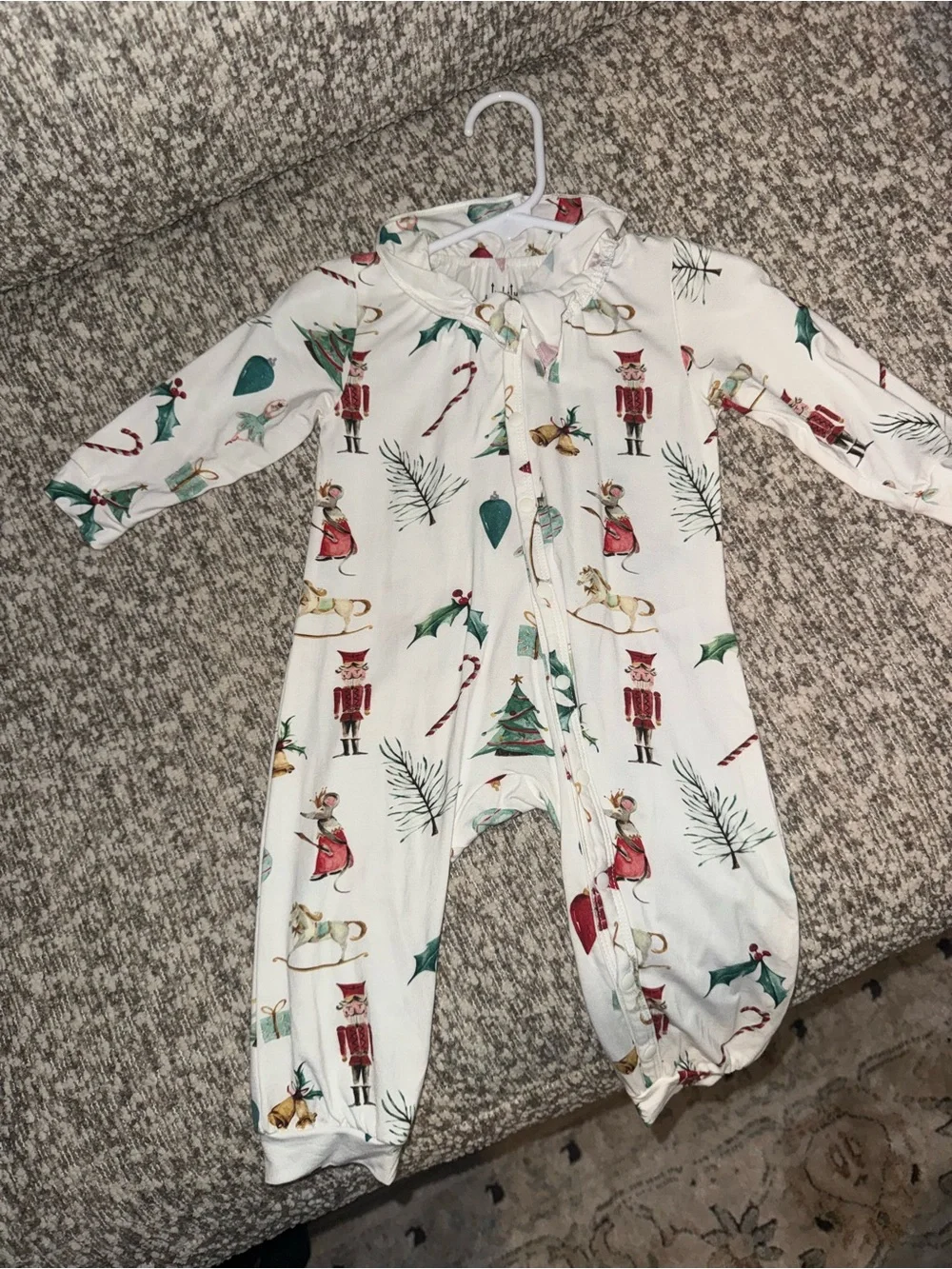 Tickety-boo White Nutcracker-Print Holiday Footie Romper